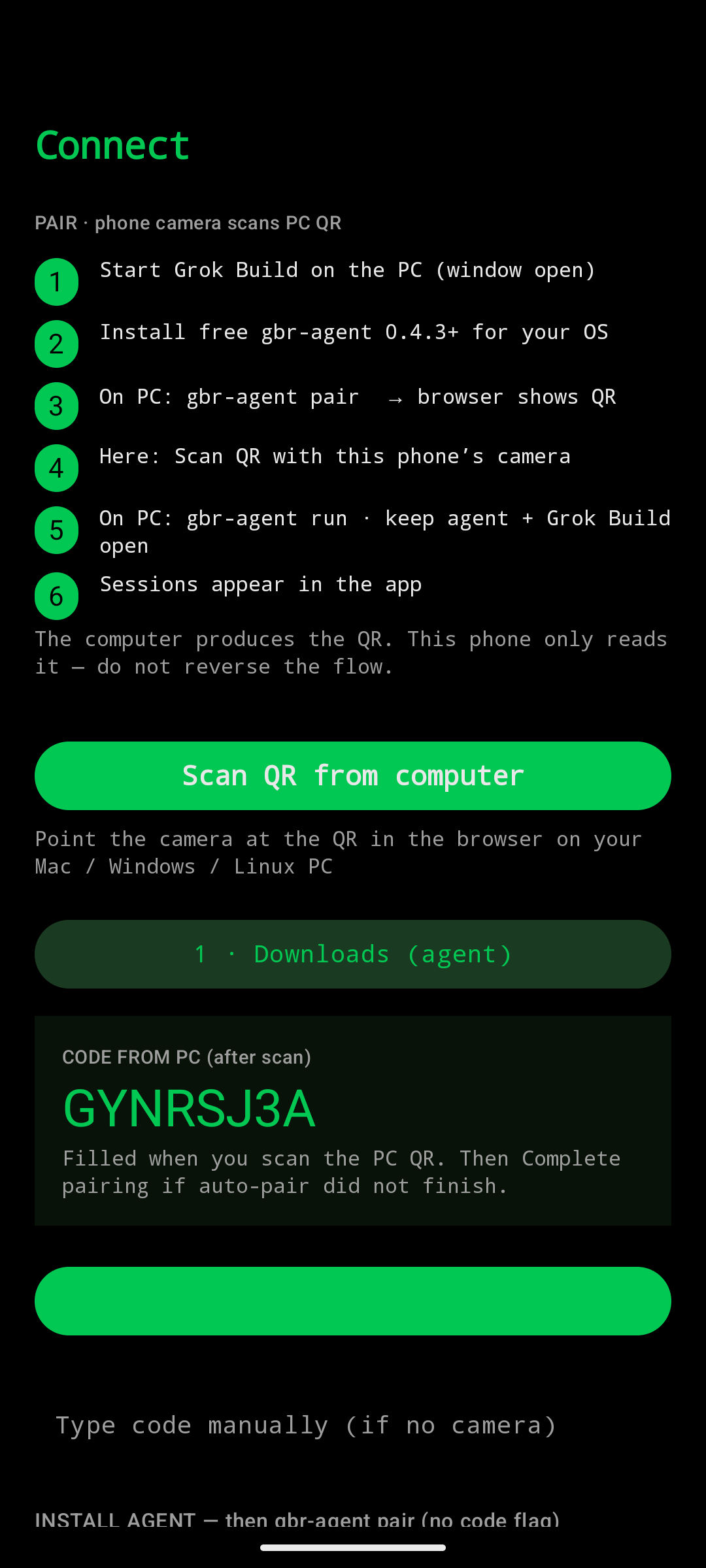 Phone Connect screen Scan QR from computer